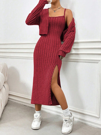 Stacey B's Ribbed Long Sleeve Cropped Cardigan and Slit Cami Dress Set