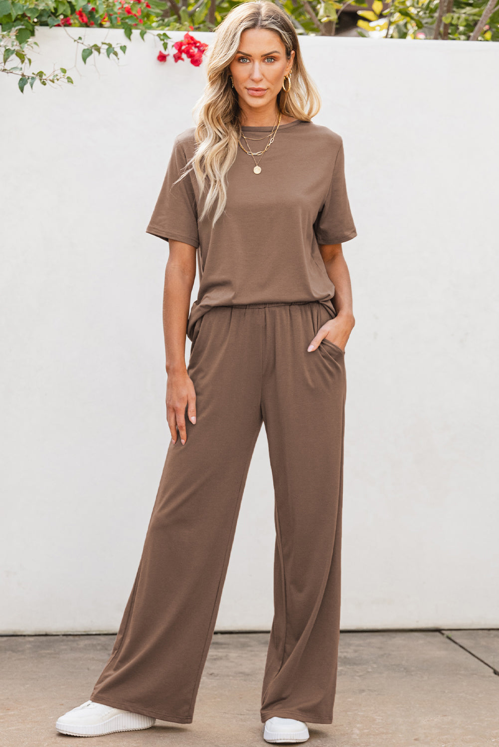 Stacey B's Smoke Gray Solid Color T Shirt 2pcs Wide Leg Pants Set