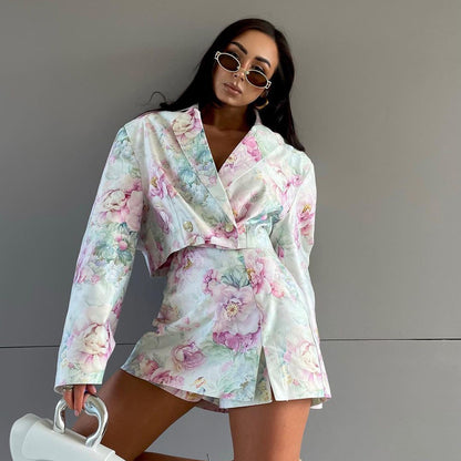 Stacey B's European and American fashion loose suit skirt two-piece set long sleeved lapel top printed high waisted short skirt