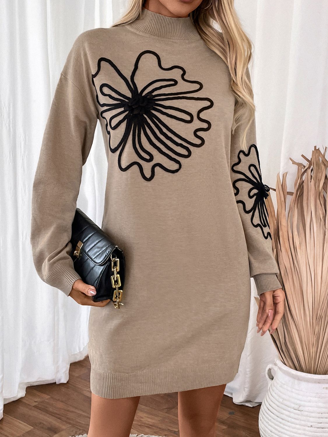 Stacey B's Perfee Flower Mock Neck Long Sleeve Sweater Dress