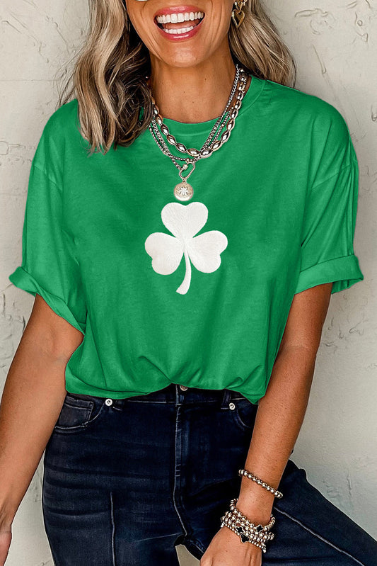 Stacey B's Bright Green Embroidered Clover Pattern St Patrick Tee