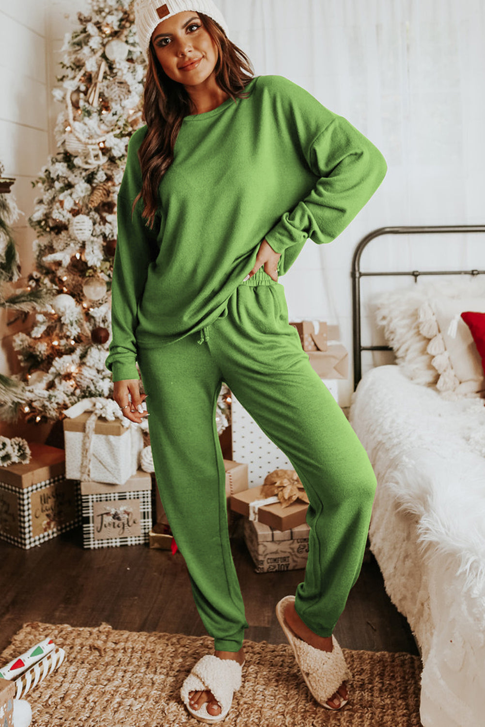 Stacey B's Spinach Green Long Sleeve Pullover and Jogger Pants Lounge Set