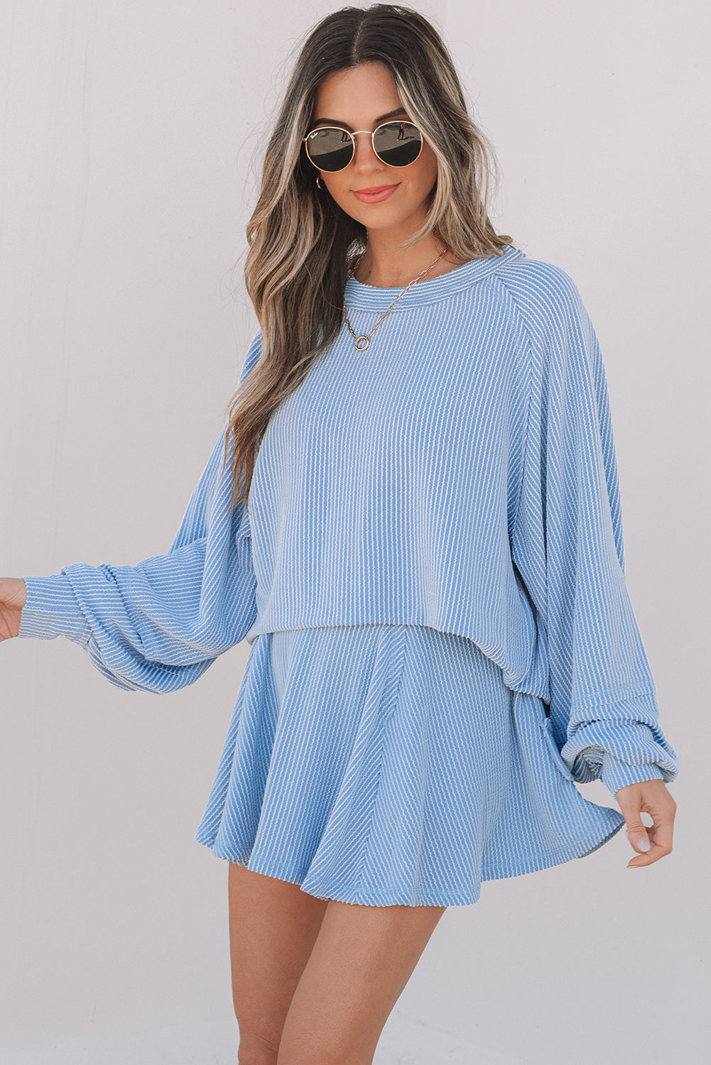 Stacey B's Sky Blue Corded Lantern Sleeve Top High Waist Ruffled Mini Skort Set