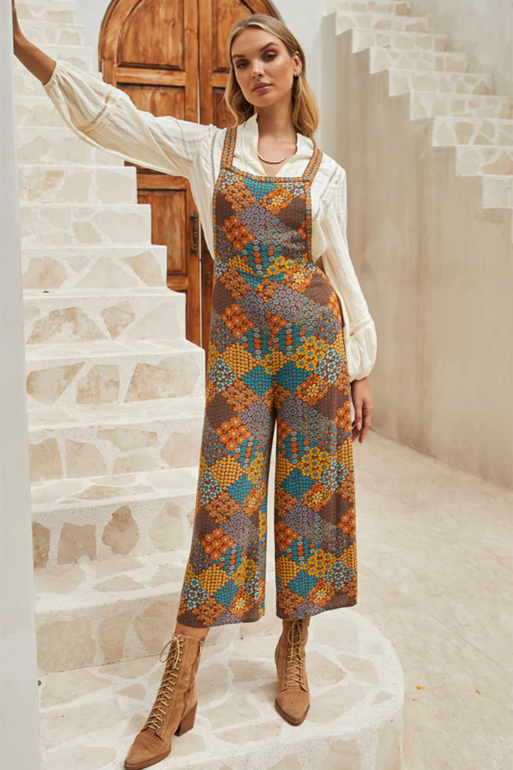 Stacey B's  Multicolour Boho Floral Print Cropped Wide Leg Overalls