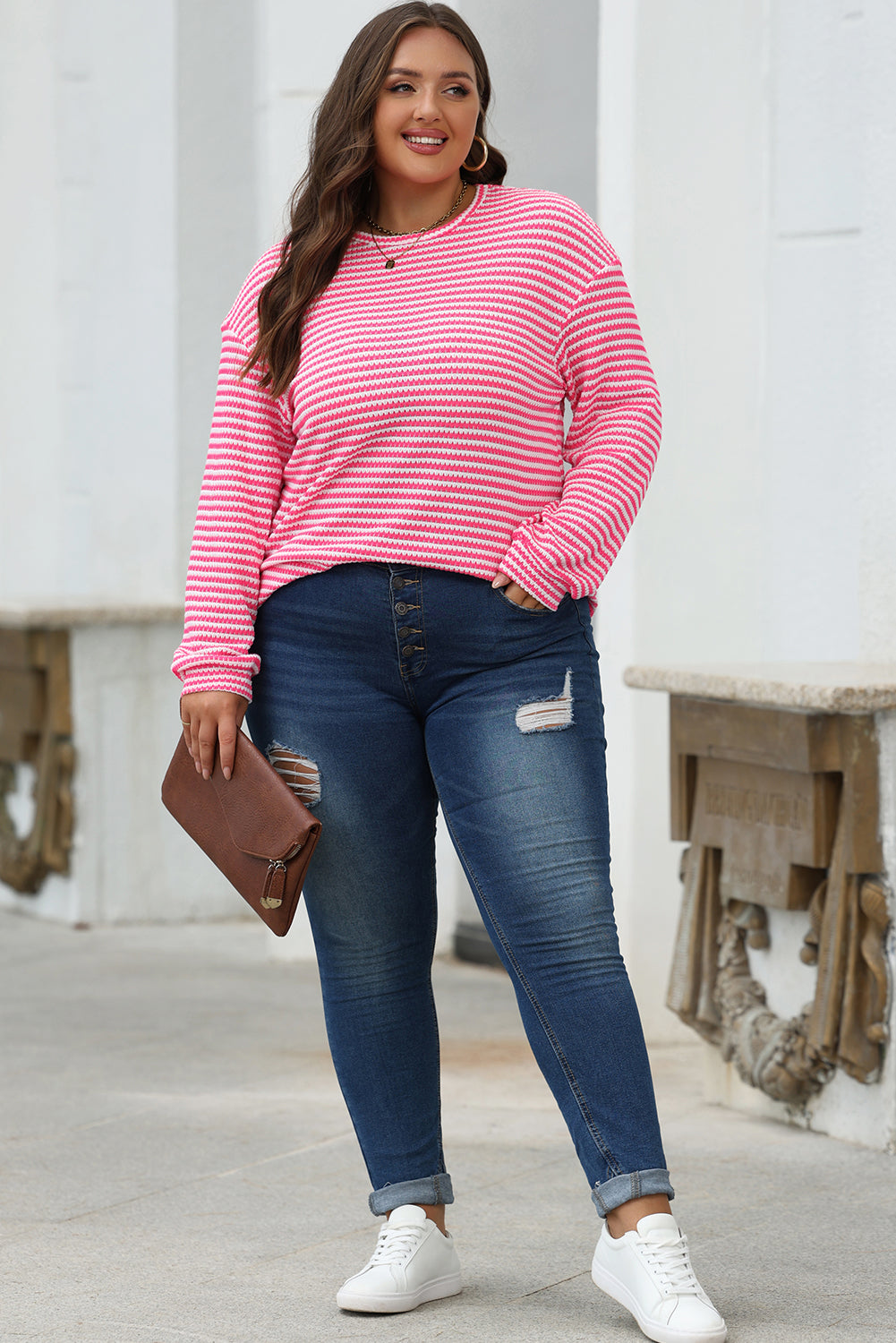 Stacey  B's Rose Stripe Round Neck Drop Shoulder Long Sleeve Top