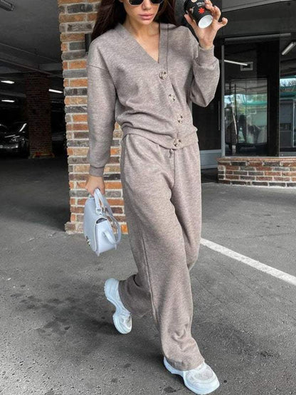 Stacey B's Full Size Button Up Long Sleeve Top and Pants Set