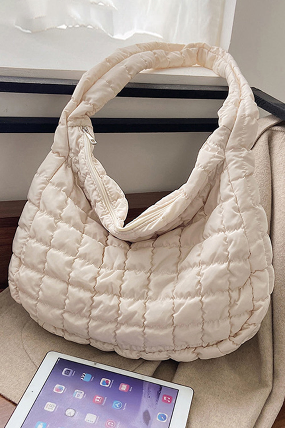 Stacey B's Light French Beige Quilted Zipper Large Shoulder Bag