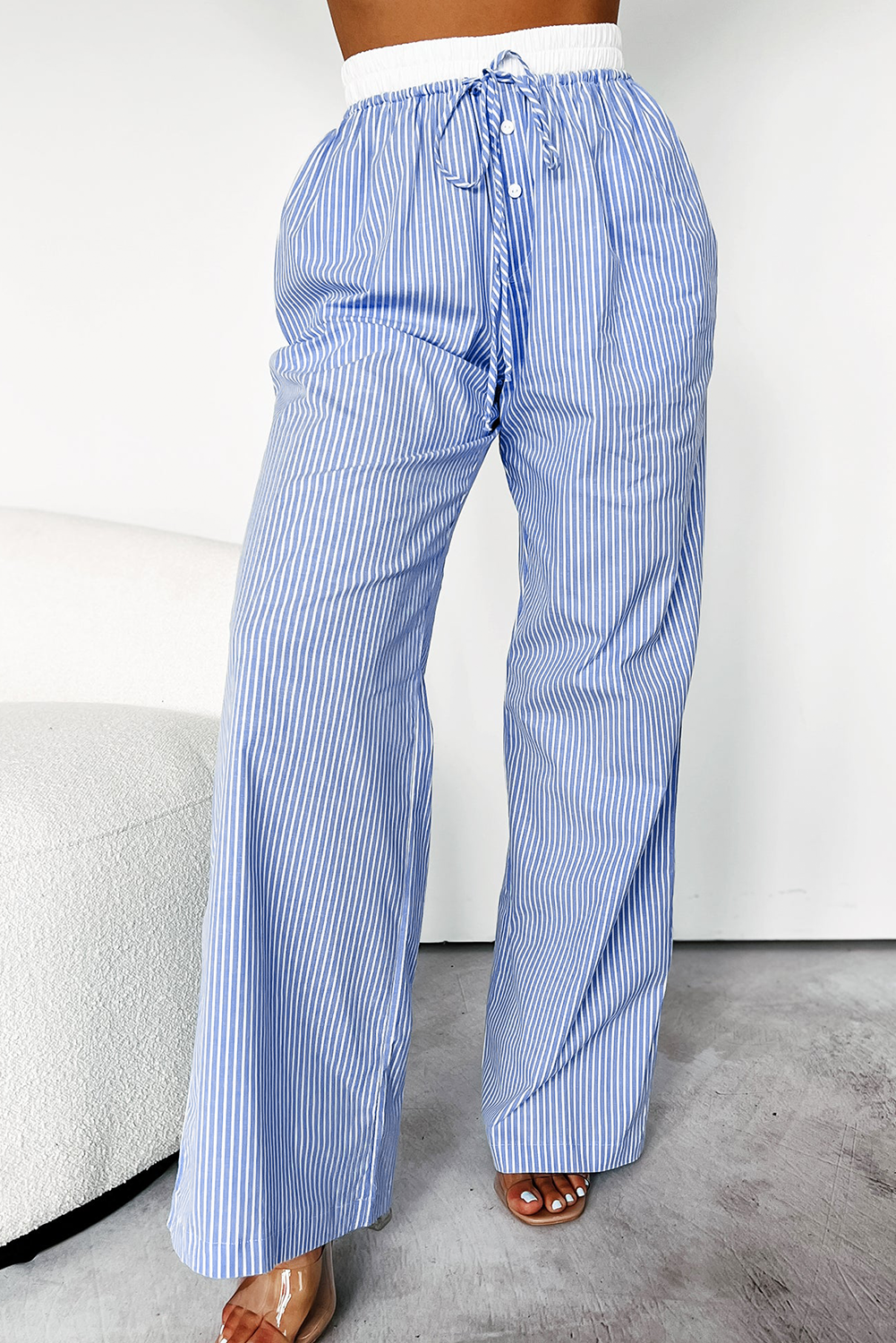 Stacey B's Sky Blue Stripe Wide Leg Buttoned Lace up Elastic High Waist Pants