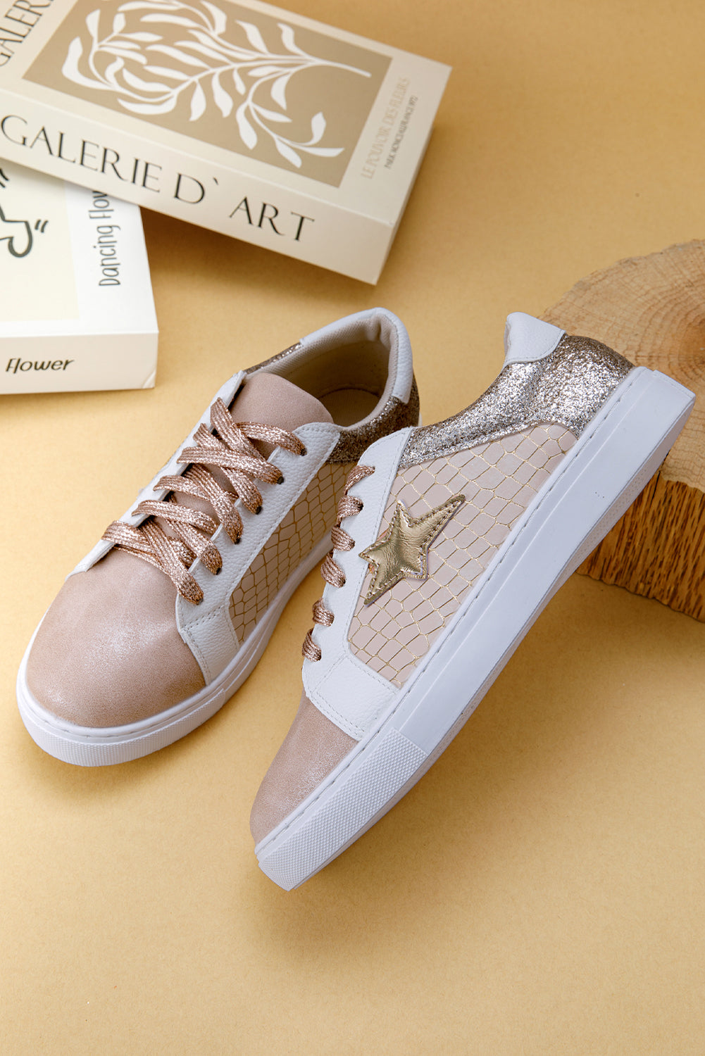 Stacey B's Gold Glitter Star Patchwork PU Leather Lace-up Sneakers