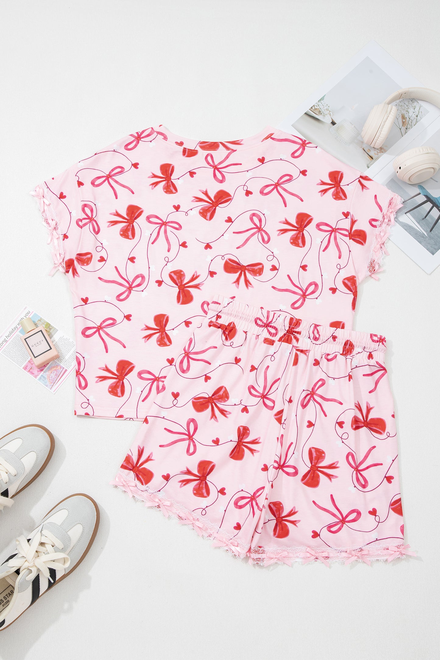 Stacey B's Red Romantic Bow Print Loose Tee Drawstring Shorts 2pcs Lounge Set