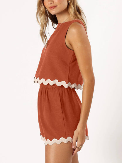 Stacey B's Contrast Trim Round Neck Top and Shorts Set