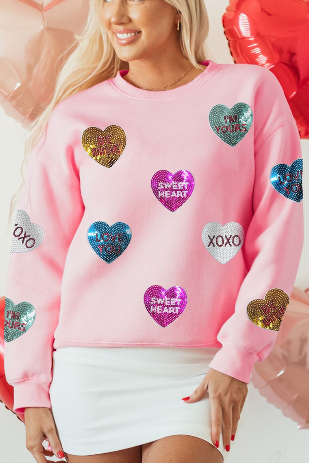 Stacey B's Valentine’s Day Sequin Heart Round Neck Long Sleeve Sweatshirt