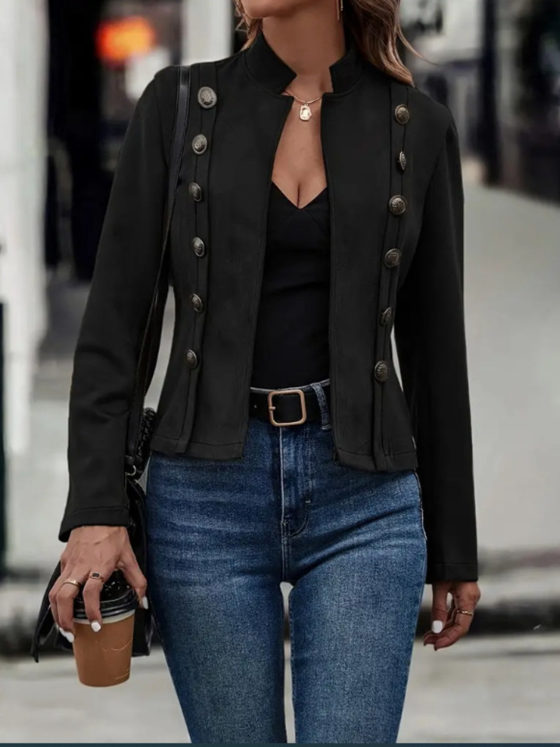 Stacey B's Decorative Button Open Front Long Sleeve Jacket