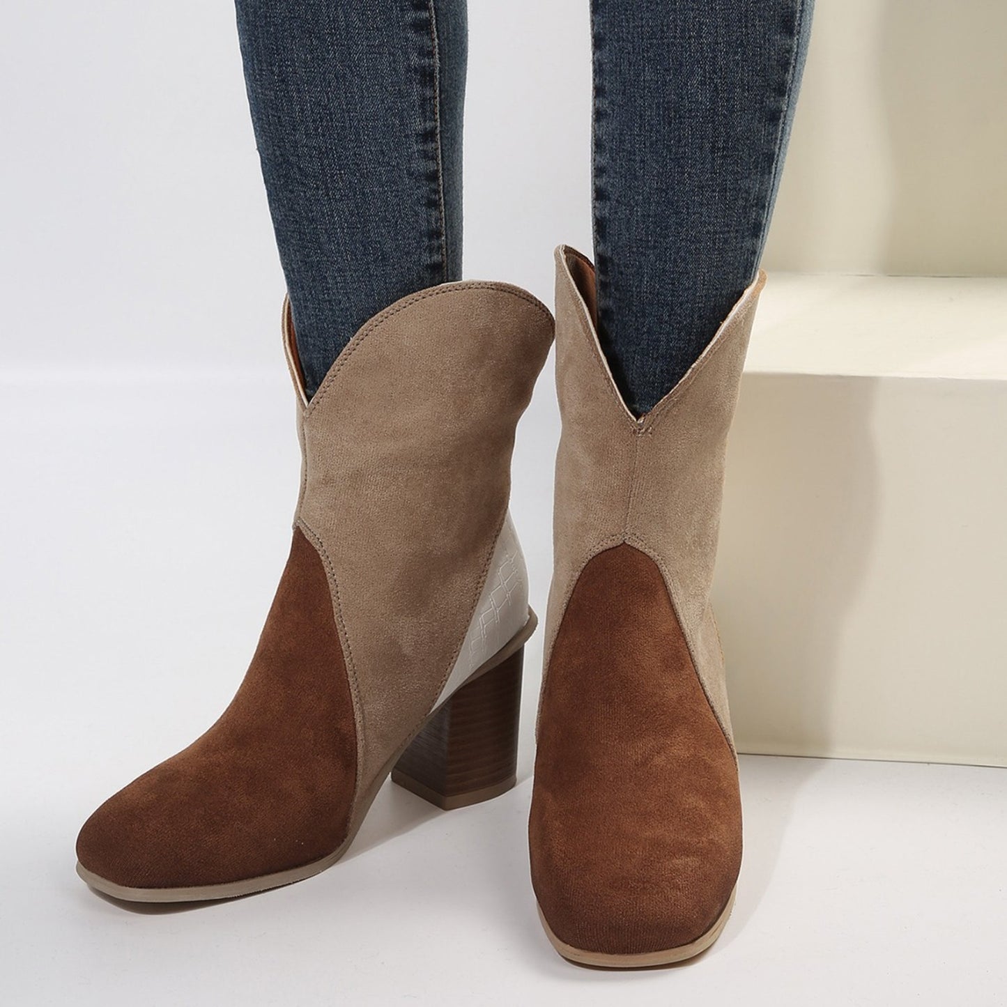 Stacey B's Suede Square Toe Block Heel Boots