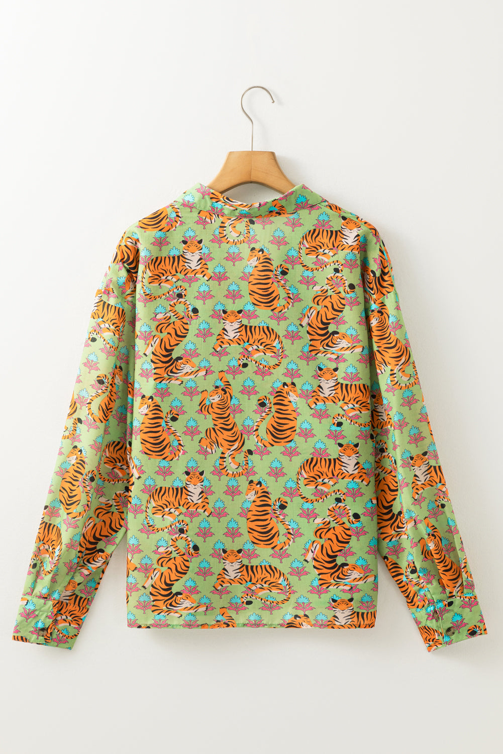 Stacey B's Green Tiger Floral Printed Collared V Neck Casual Shirt