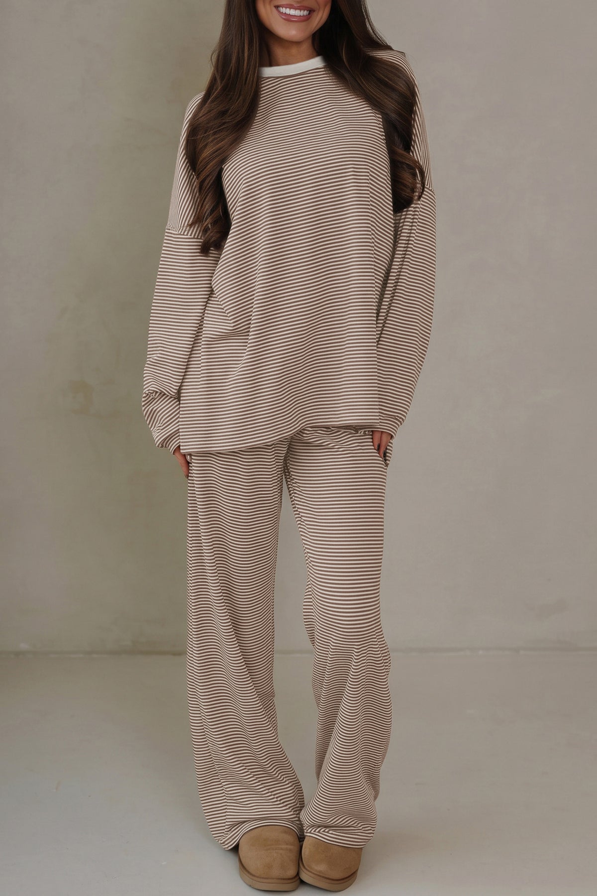 Stacey B's Beige Stripe Contrast Trim Round Neck Oversize Long Sleeve Top 2pcs Pant Set