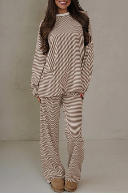 Stacey B's Beige Stripe Contrast Trim Round Neck Oversize Long Sleeve Top 2pcs Pant Set