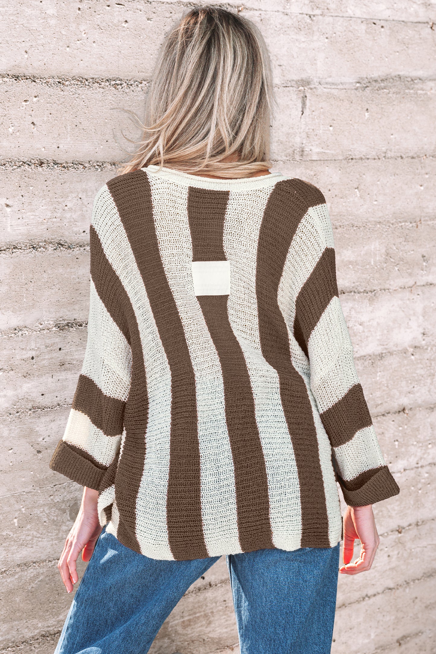 Stacey B's Brown Stripe Colorblock V Neck Bracelet Sleeve Sweater