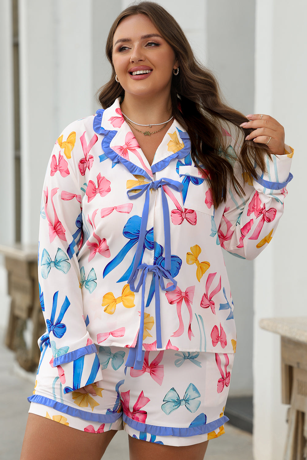 Stacey B's Sky Blue Bow Print Tied Ruffled Pajama Set