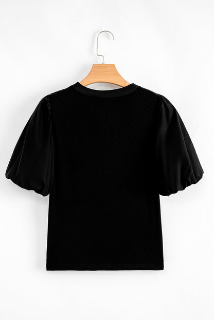 Stacey B's Black Ribbed Patchwork Puff Sleeve Half Button Placket Slim Fit Top