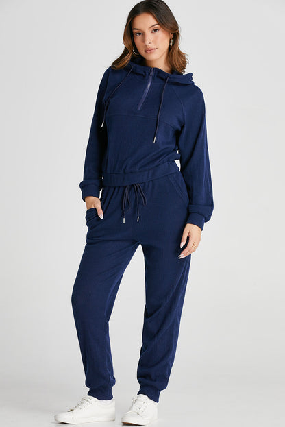 Stacey B's Navy Blue Ribbed Knit Cropped Hoodie and Drawstring Joggers Set