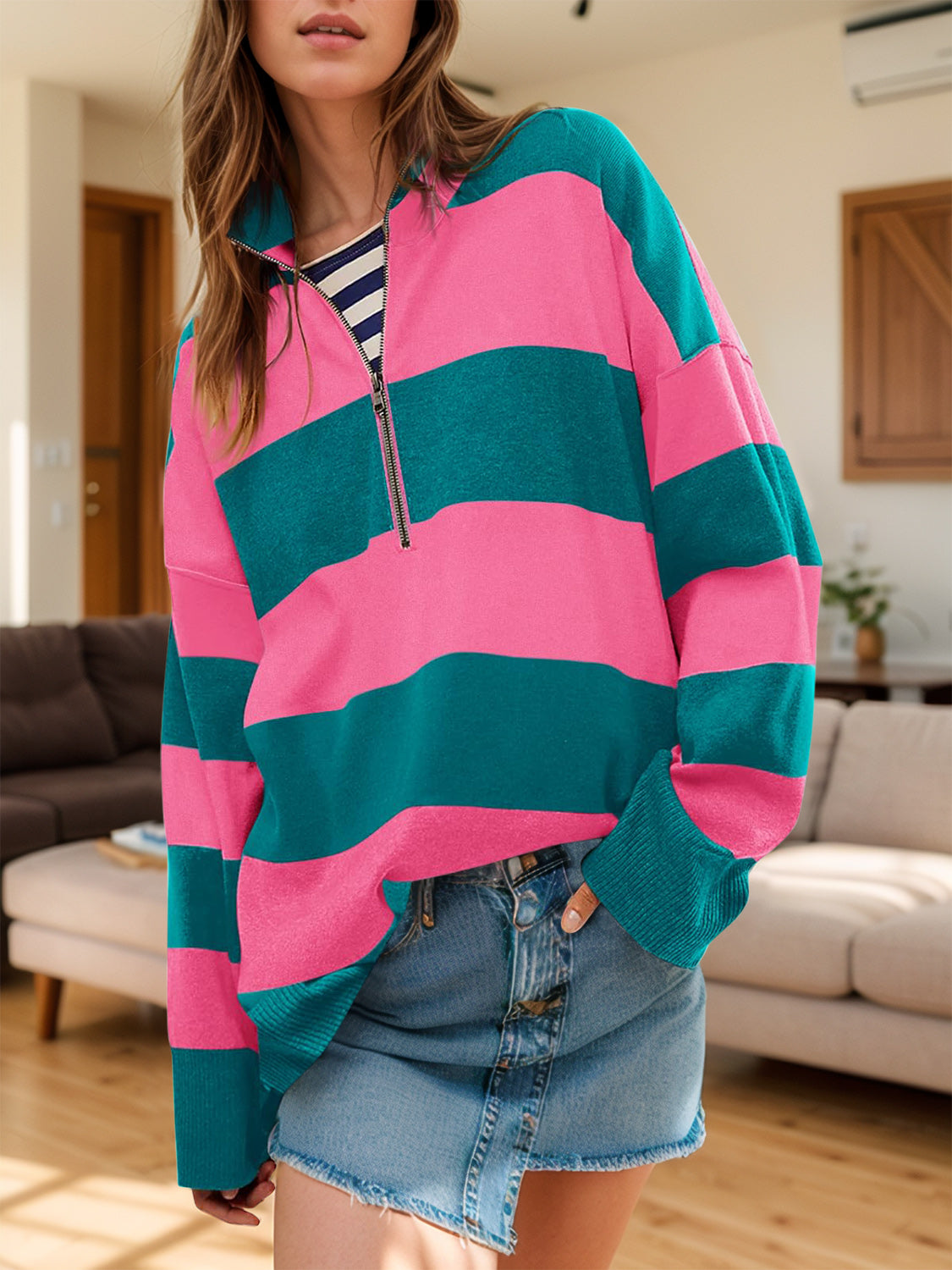 Stacey B's Color Block Half Zip Long Sleeve Sweater