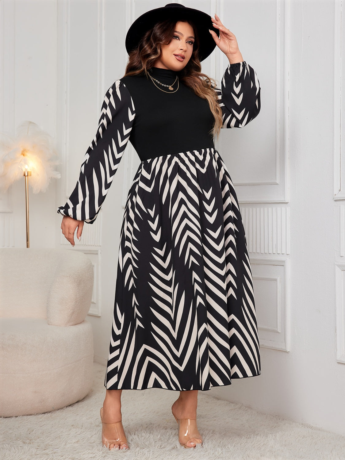 Stacey B's Honey Plus Size Printed Mock Neck Long Sleeve Midi Dress