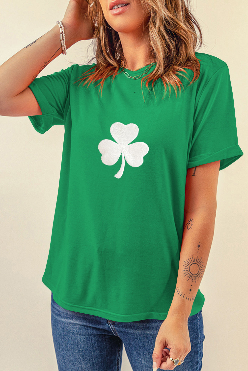 Stacey B's Bright Green Embroidered Clover Pattern St Patrick Tee