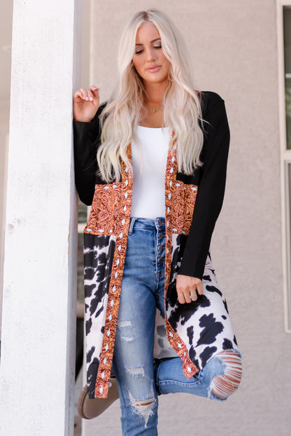 Stacey B's Black Western Pattern Cow Patchwork Open Front Cardigan