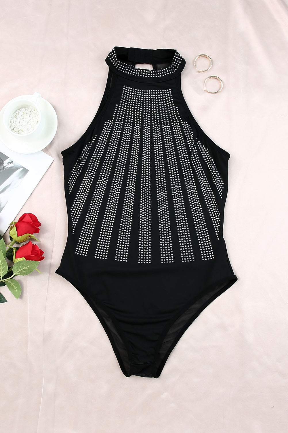 Stacey B's Black Sexy Rhinestone Sleeveless High Neck Bodysuit