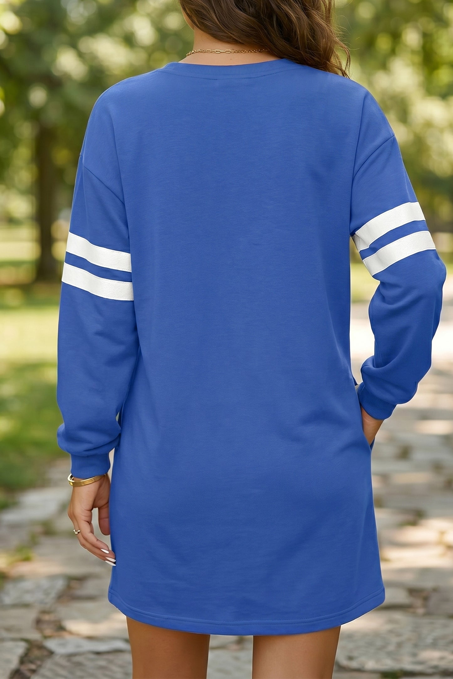 Stacey B's Sky Blue Varsity Contrast Banded Sleeve Shift Sweatshirt Dress