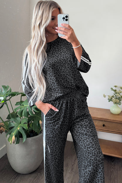 Stacey B's Gray Leopard Print Varsity Striped Detail 3/4 Sleeve Top Shift Pant Set