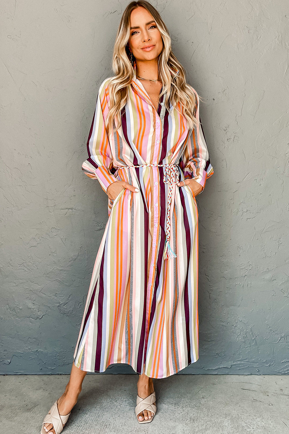 Stacey B's White Multicolor Striped Cuffed Sleeve Tassel Tied Shirt Maxi Dress