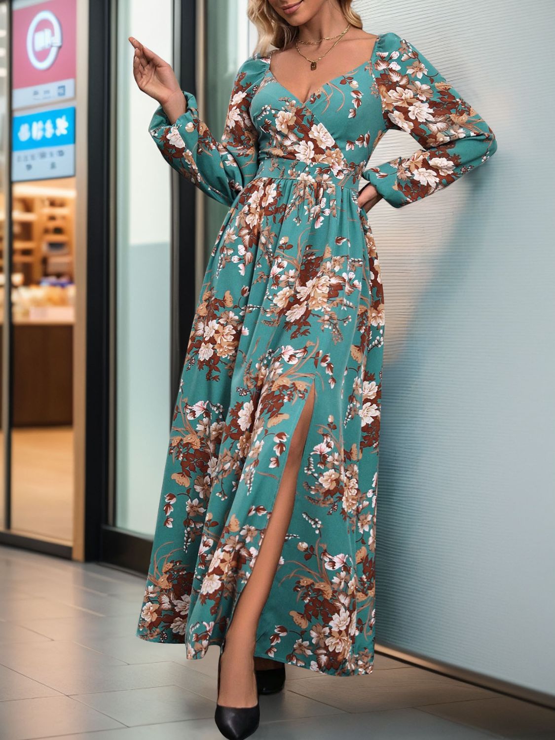 Stacey B's Slit Printed Surplice Long Sleeve Maxi Dress