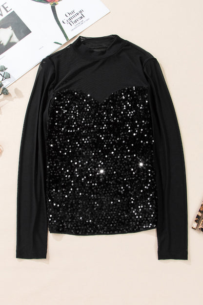 Stacey B's Black Sequin Velvet Sheer Mesh Mock Neck Blouse