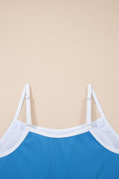 Stacey B's Dusk Blue Color Block Edge Ribbed Pocketed Lined Swim Dress