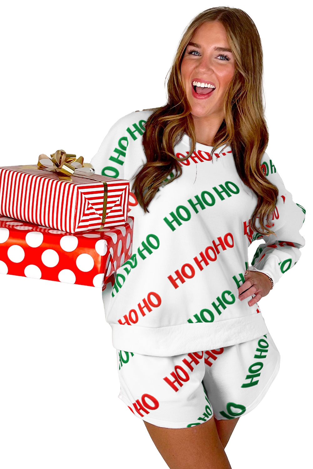 Stacey B's White Christmas HO HO HO Print Drop Shoulder Pullover and Shorts Set