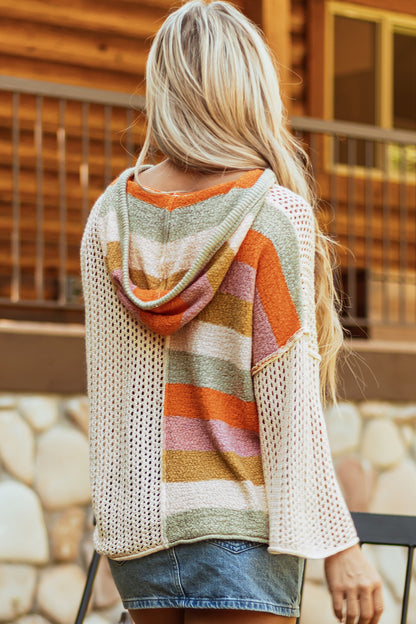 Stacey B's Beige Oversized Colorblock V Neck Hooded Sweater