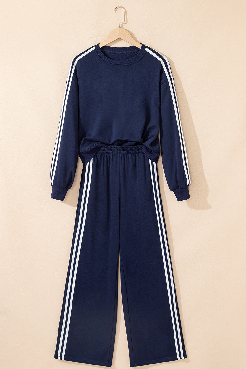 Stacey B's Dirty blue Varsity Striped Detail Crewneck Pullover Elastic Sweatpants 2pcs Outfit