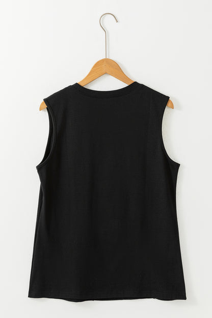 Stacey B's Black Solid Color Crew Neck Pleated Sleeveless Top