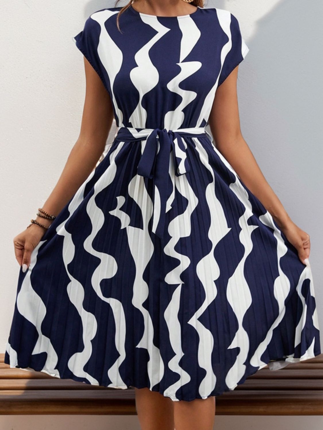 Stacey B's Tied Pleated Printed Cap Sleeve Dress