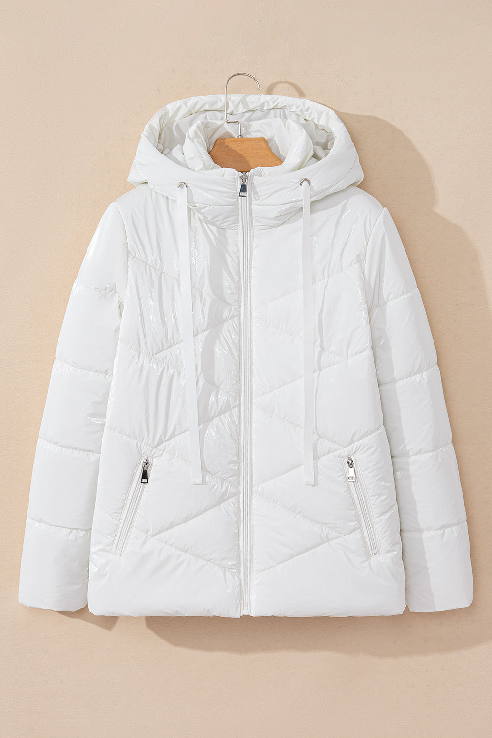 Stacey B's White Solid Quilted Hooded Zip Up Puffer Coat