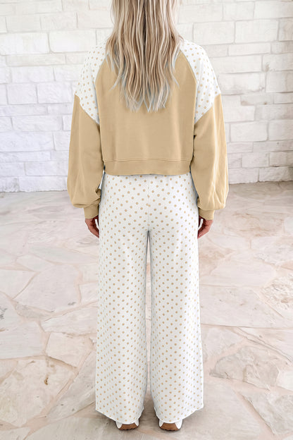 Stacey B's Green Polka Dot Patchwork Colorblock Long Sleeve Casual Two Piece Pants Set