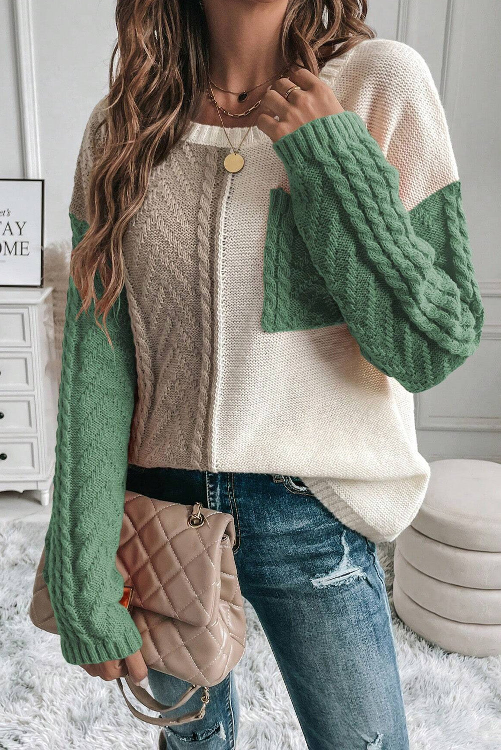 Stacey B's Color Block Round Neck Long Sleeve Sweater