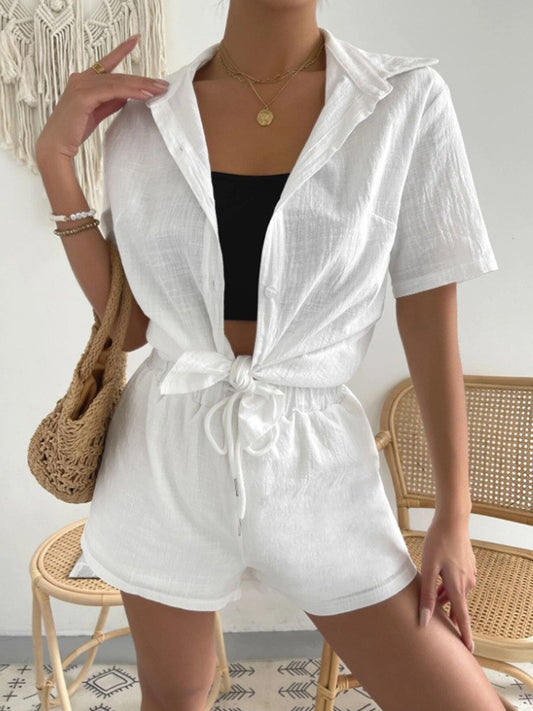 Stacey B's Button Up Short Sleeve Shirt and Drawstring Shorts Set