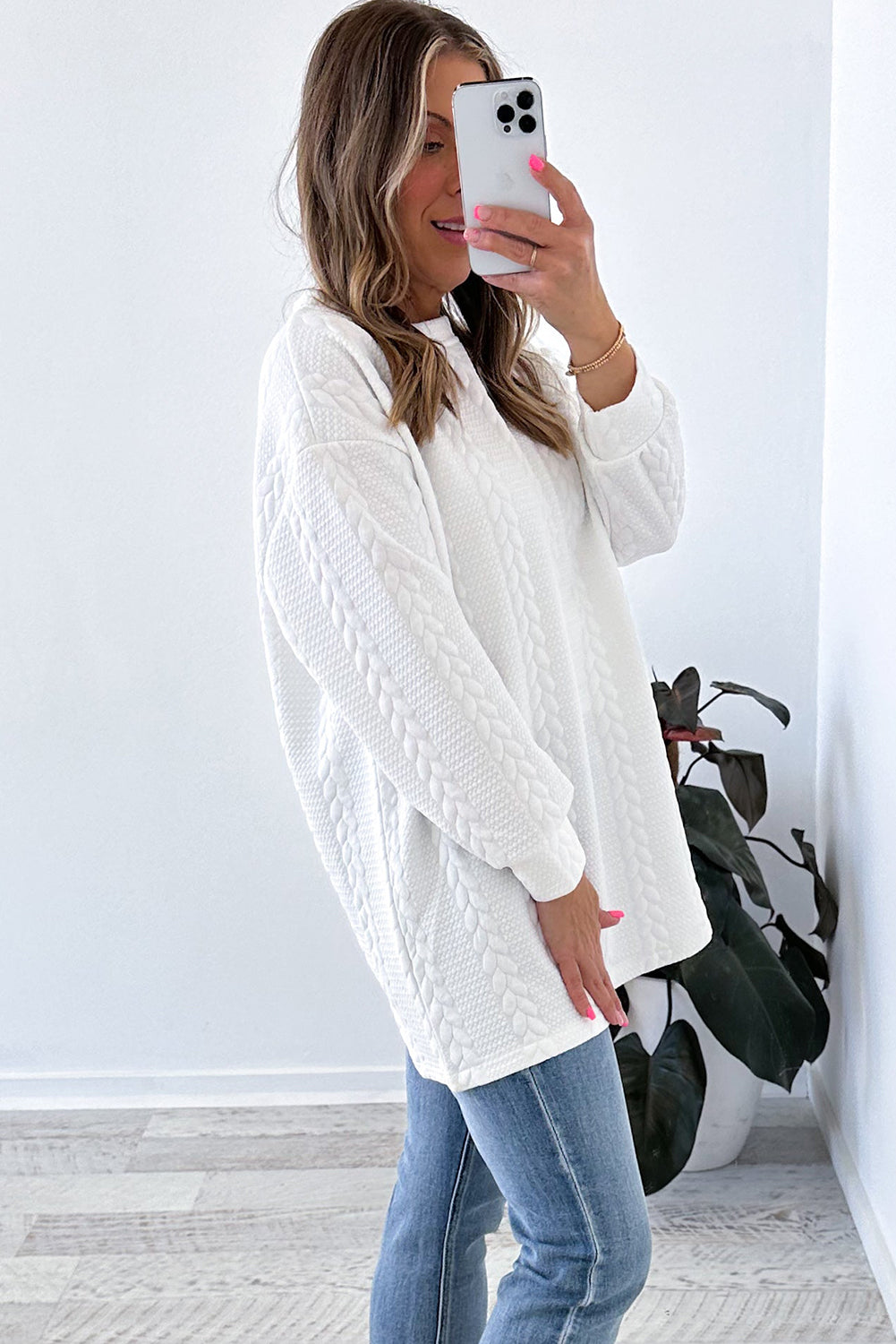 Stacey B's White Textured Loose Plus Size Long Sleeve Top