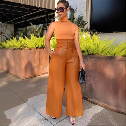 Fashion High-Waisted Long Pants for WomenStyle PU Leather Trousers with Metallic Belt, Wide Leg Pants, INS Trendy Nightclub Look