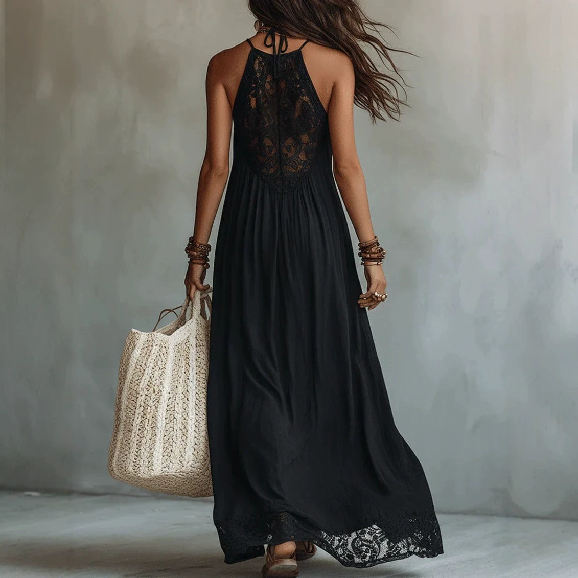 Style Black Lace Trim Sleeveless Long Dress Loose Vacation Style Maxi Dress Lace Dress