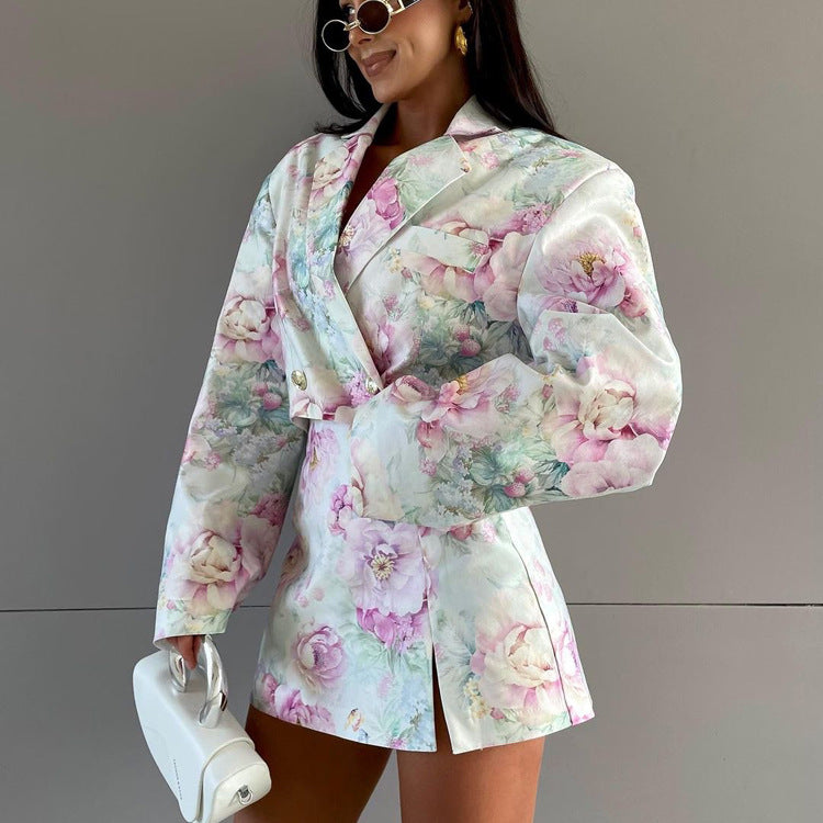 Stacey B's European and American fashion loose suit skirt two-piece set long sleeved lapel top printed high waisted short skirt