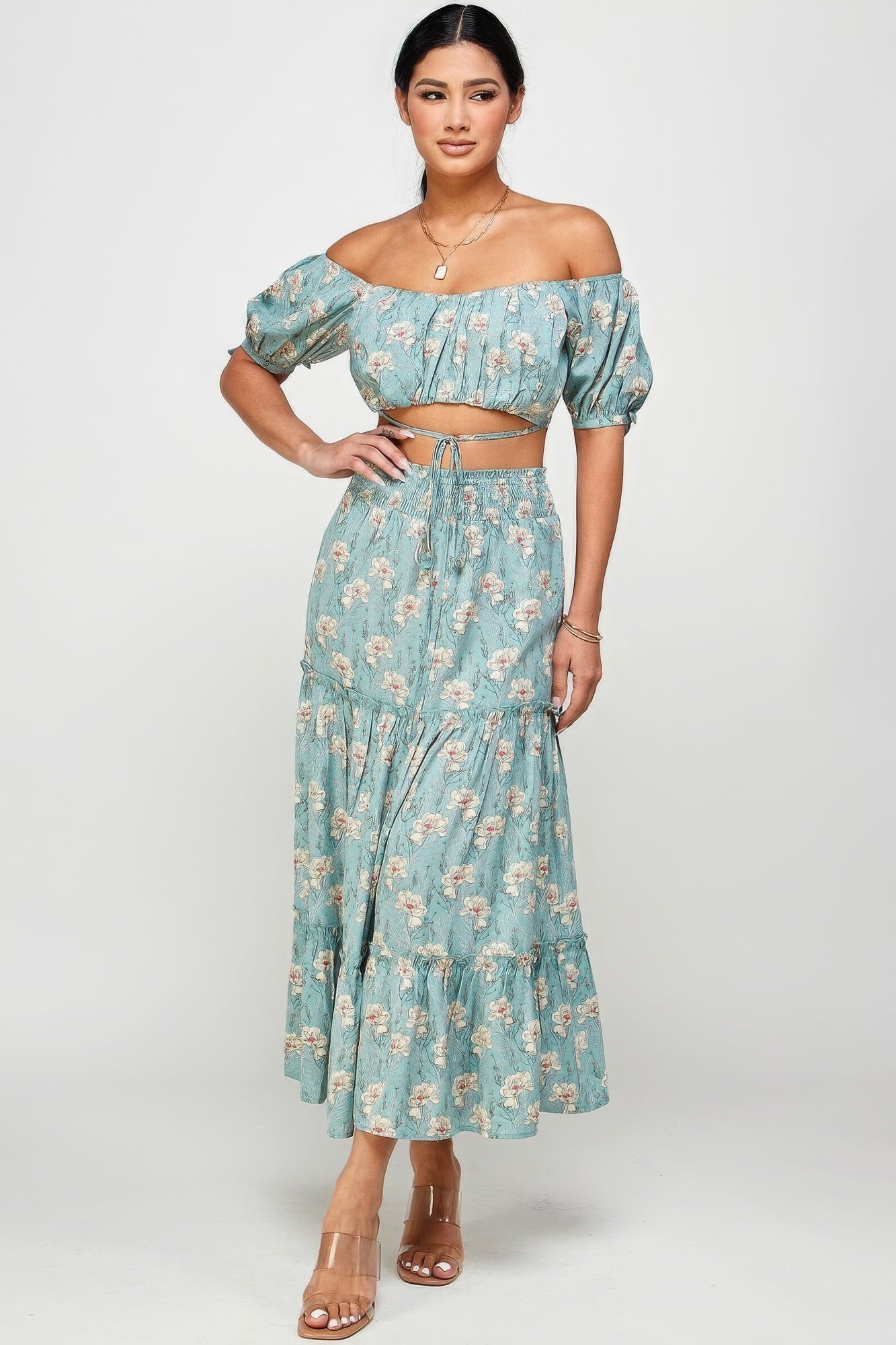 Stacey B's Floral Off Shoulder Sleeve Back Tie Top Skirt Set